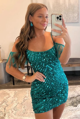 Vestido de fiesta de bienvenida con lentejuelas verde cazador, tirantes con hombros descubiertos y borlas Y2909