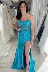 Robe de bal fourreau en satin de soie turquoise, sans bretelles, ornée de perles et fendue, robe de soirée
