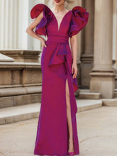 Robes de mère de la mariée longues, coupe trompette/sirène et col en V