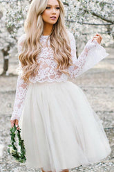 Two Piece Lace Top Long Sleeves Homecoming Dresses, Short Prom Dress