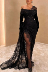 Elegante vestido de fiesta largo de encaje negro asimétrico con abertura alta Y7984