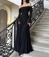 Chic Black Long Evening Dress Black Formal Gown with Bell Sleeves Y4357
