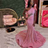Pink Beaded Sequins Evening Dress One Shoulder Mermaid Prom Dress Y6681