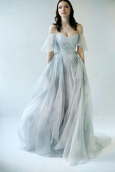 Baoleely Unique Grey Blue Chiffon Off Shoulder Wedding Dresses, Bridal Gown, MW592