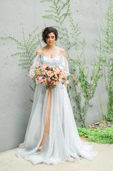 Baoleely Unique Grey Chiffon A-line Off Shoulder Wedding Dress, Wedding Gown, MW712