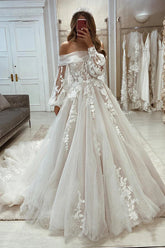 Vestido de novia princesa único con hombros descubiertos y mangas largas WD728