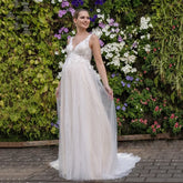 Vestido de novia con escote en V, corte imperio, espalda con cordones, vestido de novia premamá blanco de encaje estilo jardín para mujeres embarazadas