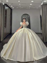 A-line Satin Wedding Dress,Retro White Satin Wedding Dress Y2290