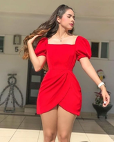 Red Square Neckline Homecoming Dress with Puff Sleeves Y2546