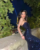 Robe de soirée longue bleu marine à paillettes, robe scintillante Y2945