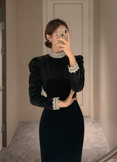 Vintage Black Long Sleeves Evening Dress Black Formal Dress Y5695