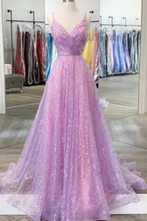 Robe de bal longue violette brillante à col en V et dos nu, robe de soirée de remise de diplôme violette sans dos Y917
