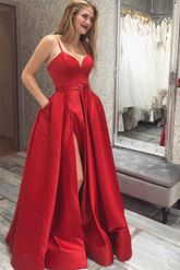 Robe de bal longue rouge satinée à col en V et fente haute, robe de soirée de remise de diplôme rouge à col en V Y220