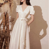 Elegant V-neck Wedding Party Dresses Belt Lace Up Slim Waist Pull Sleeve Evening Dress Simple Beading French Chic Robe