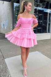 Vestido de fiesta de línea A, rosa, de tul brillante con plumas