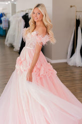 PRINCESS A-LINE OFF THE SHOULDER LACE TULLE PROM DRESS