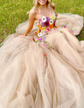 Champagne A Line Sweetheart Flower Long Prom Dress With Appliques