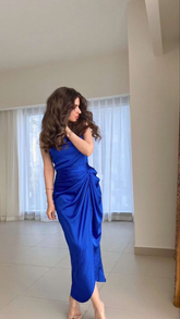 Vestido de noche formal estilo sirena para mujer, largo té, vestido de fiesta de graduación, azul, plisado, vestido de fiesta de boda Y4896