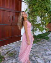 Vestidos de noche de tul sexys con escote en V y espalda descubierta Y5062