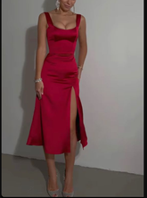 Robe cocktail mi-longue fendue sur le devant, robe de soirée longue, robe de bal courte en satin Y695