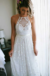 Baoleely White A-line Halter Sweep Train Lace Wedding Dresses, Wedding Gowns, MW725