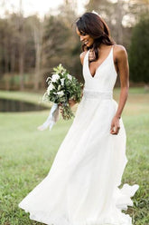 Baoleely White Chiffon A-line V-neck Beaded Wedding Dresses, Wedding Gowns, MW702