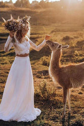 Baoleely White Chiffon Boho Two Pieces Long Sleeves Lace Wedding Dresses, MW564