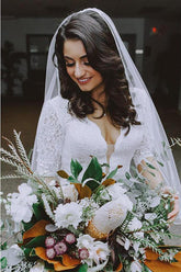 Baoleely White Lace Mermaid Half Sleeves V-neck Wedding Dresses, Bridal Gown, MW581