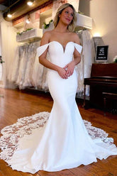 Baoleely White Mermaid Satin Lace Off Shoulder Wedding Dresses With Train, MW868