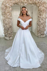 Baoleely White Satin A-line V-neck Sweep Train Wedding Dresses, Bridal Dress, MW695