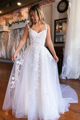 Baoleely White Tulle A-line Long Wedding Dresses With Lace Appliques, Bridal Gown, MW629