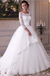 Baoleely White Tulle Lace Ball Gown 3/4 Sleeves Scoop Neck Wedding Dresses, MW693