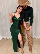 Robe de soirée charmante à sequins vert émeraude avec fente Y2935