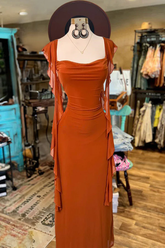 Vestido de fiesta largo de corte recto con mangas con volantes y escote cuadrado Y8091