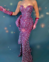 Glitter Hot Pink Sequin Strapless Mermaid Evening Dress Long Prom Dress With Gloves Y8536