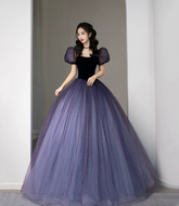 Purple Tulle Short Sleeve Formal Dress Cute A-Line Evening Dress Y4291