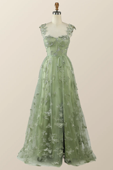 Robe de soirée longue trapèze vert sauge à motif papillon Y2801