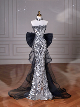 Robe de bal sirène en tulle à paillettes noires, sans bretelles, avec nœud Y8615