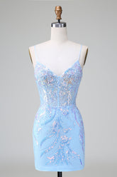 Robe de bal courte à bretelles spaghetti bleu pailleté et corset ornée de sequins
