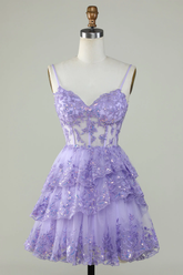 Vestido de fiesta con tirantes, lentejuelas lavanda, corsé y capas Y2907