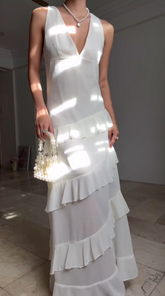 Simple White V Neck Chiffon Ruffle Prom Dress Backless Long Evening Dress Y8500