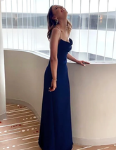 Robe de soirée fourreau bleu marine à fines bretelles, longueur longue, Y74