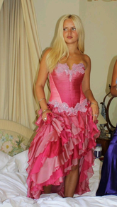 Vestido de noche vintage rosa fucsia con encaje, gasa y volantes, sin tirantes, para baile de graduación Y8252