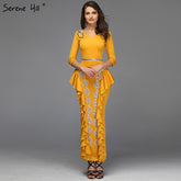 Vestidos de noche amarillos de corte sirena con escote en V, sexys, con volantes y lentejuelas, hasta los tobillos, diseño QA8037