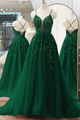 Robe de bal longue verte en dentelle florale à col V, robe de soirée formelle en tulle coupe A Y4251