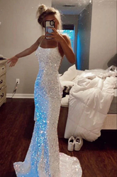 Vestido de noche de sirena con lentejuelas blancas y tirantes finos brillantes Y8071