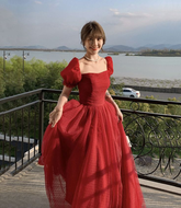 Precioso vestido de fiesta rojo de tul corte A, vestido largo de noche Y7771