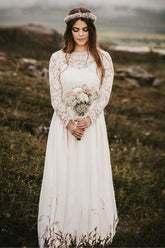 Vestido de novia de gasa corte barco, largo hasta el suelo, con mangas largas WD319