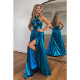 Vestido largo de fiesta de noche, corte en A, azul marino, satén, escote halter cruzado