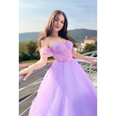 Vestido de fiesta formal de noche, corte en A, hombros descubiertos, tul, espalda descubierta, sin mangas